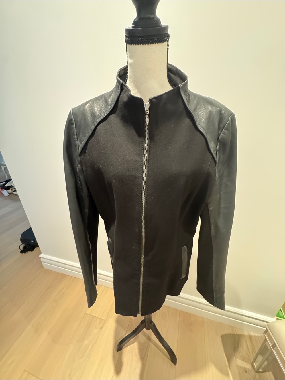 Danier Black Bomber Jacket with Leather-Look Sleeves